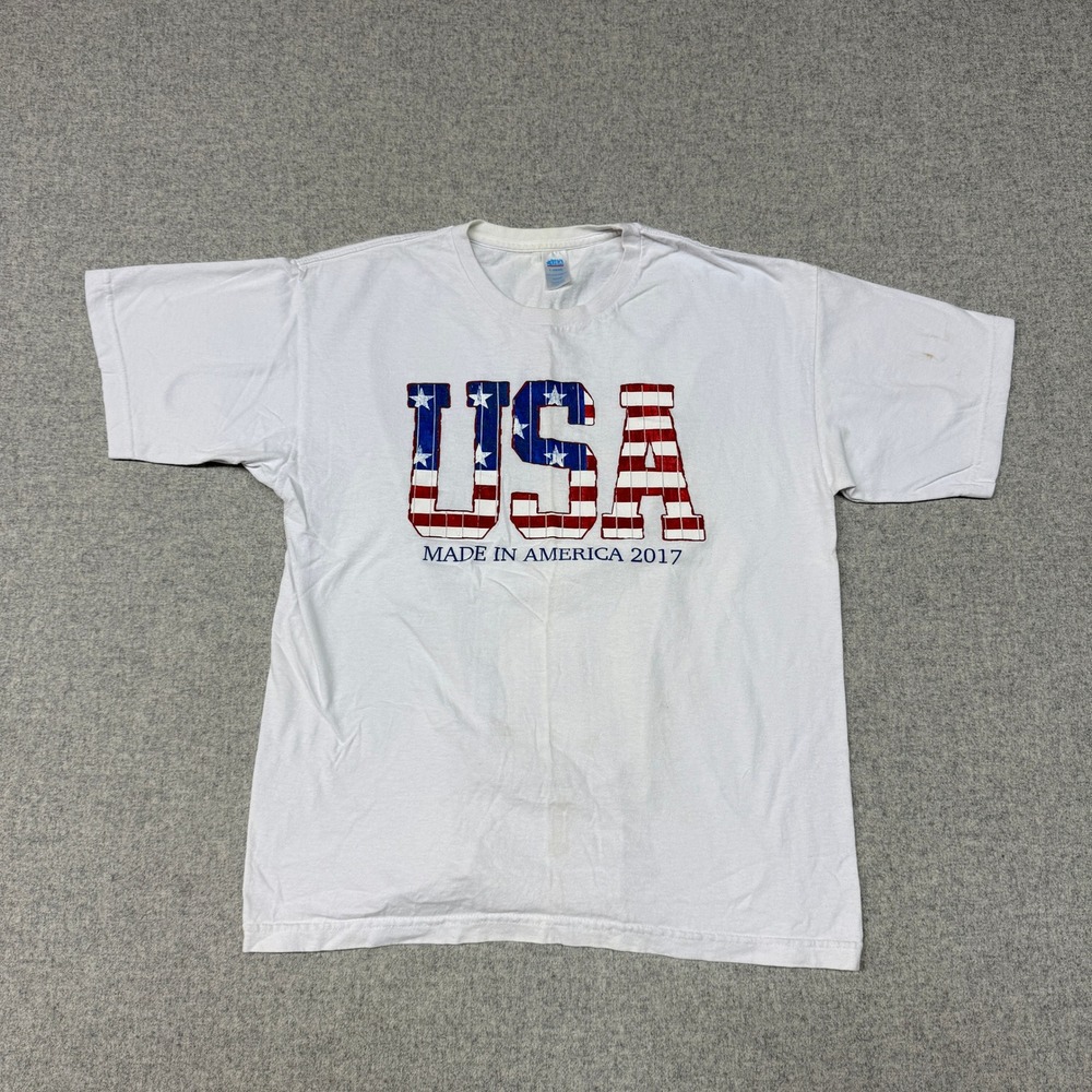 Made in the USA | Graphic T-Shirt | Large | White | Patriotic Stars Stripes 2017